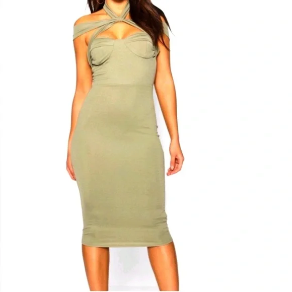 Boohoo night Rira strappy top detail olive green hot hot dress #A - Picture 1 of 10